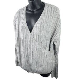 Winter V-Neck Wrap Pullover Gray Ribbed Knit Sweater Cardigan Women L Warm Cozy